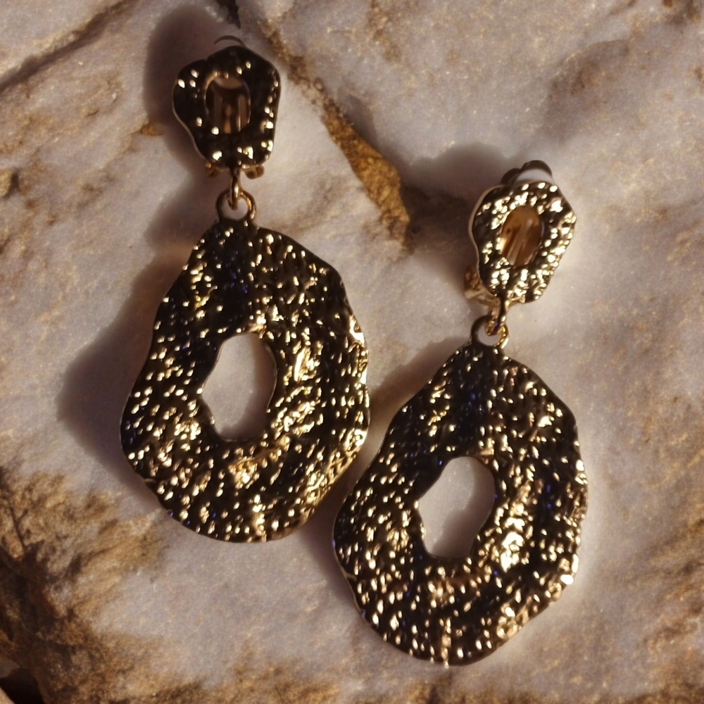 Abstract hammered Metal clip on hoops
